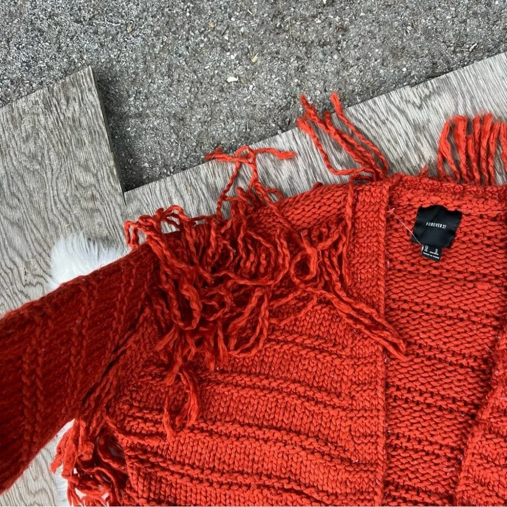 Forever 21 Burnt Orange Chunky Knit Fringe Oversized Cardigan